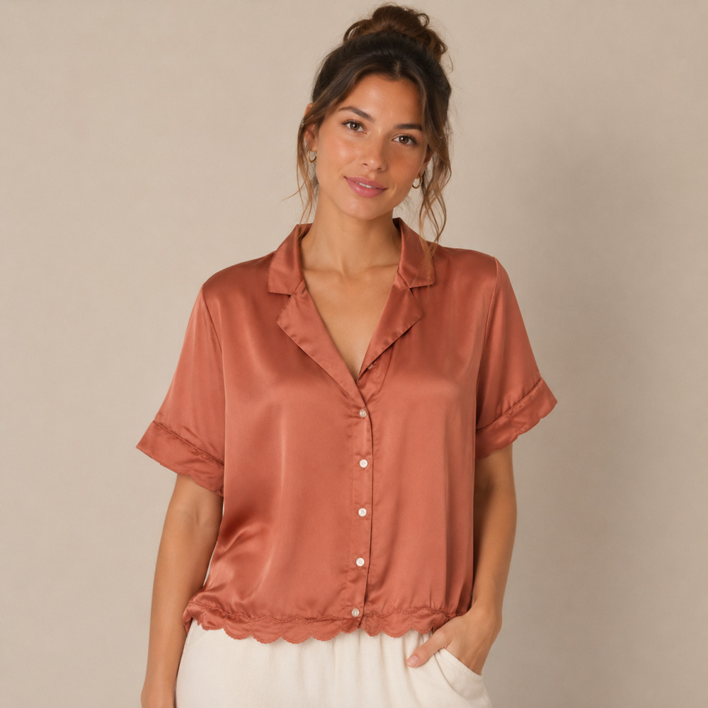 BHLDN Anthropologie Juniper Scalloped Pajama Top Only Mauve Heart Buttons L
